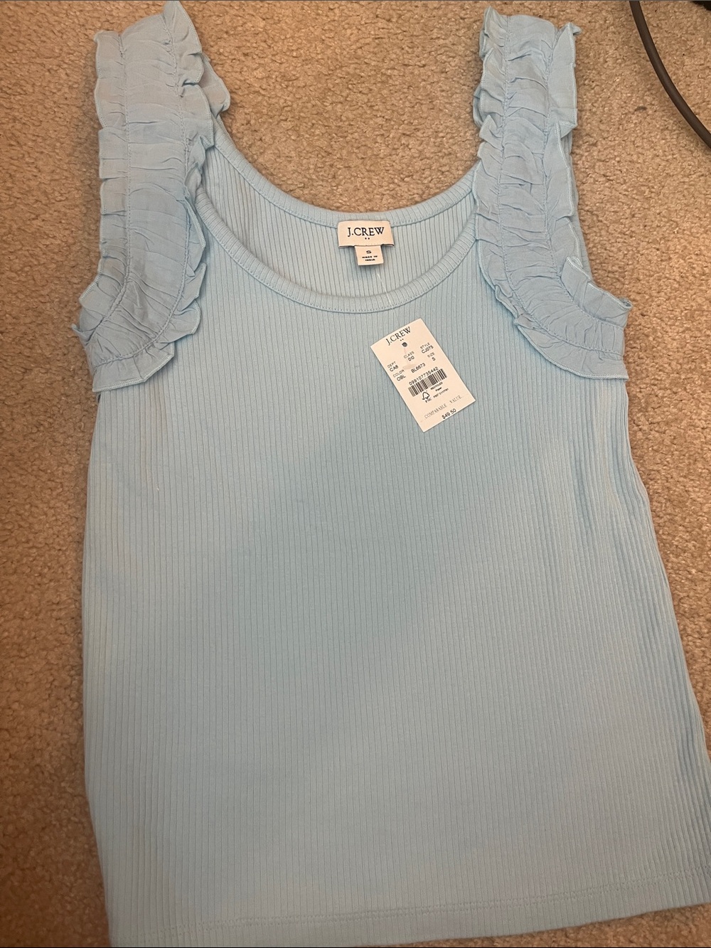J. Crew Light Blue Ribbed Ruffle-Shoulder Tank